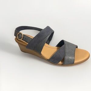 Dr Scholl’s Wedge Sandal Blue Grey Suede Leather Beige Gold Buckle 8